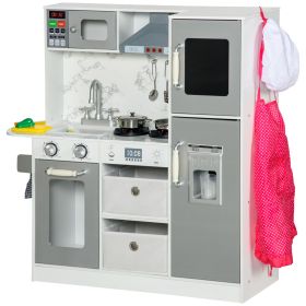 Interactive Wooden Toy Kitchen | Lights & Sounds with Apron, Chef Hat & Utensils | Ice Maker & Range Hood | White