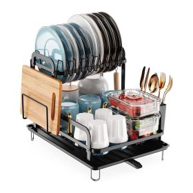 2-Tier Dish Drying Rack for Kitchen Counter Space Saving Rustproof Dish Rack with Drainboard Detachable Kitchen Drainer Organizer Set with Utensi (Color: Black)