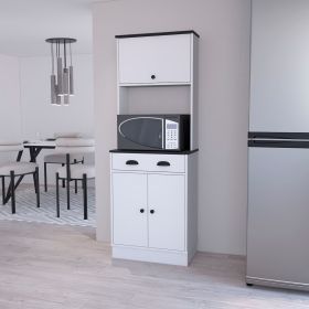 Tennant Kitchen Pantry with Drawer, 2 Cabinets, and Microwave Stand, White (Color: white / Black)