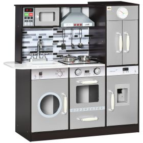 Wooden Play Kitchen with Lights Sounds, Kids Kitchen Playset with Washing Machine, Water Dispenser, Microwave, Range Hood, Refrigerator, Utensils (Color: Brown, Material: MDF)